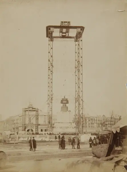 Scaffolding around the Columbus Monument under construction, 1885