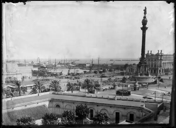 Barcelona harbour with the Columbus Monument and the Drassanes