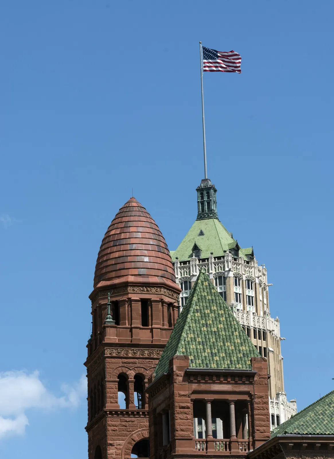Bexar County Courthouse: A view of three prominent San Antonio, Texas, towers LCCN2014632651