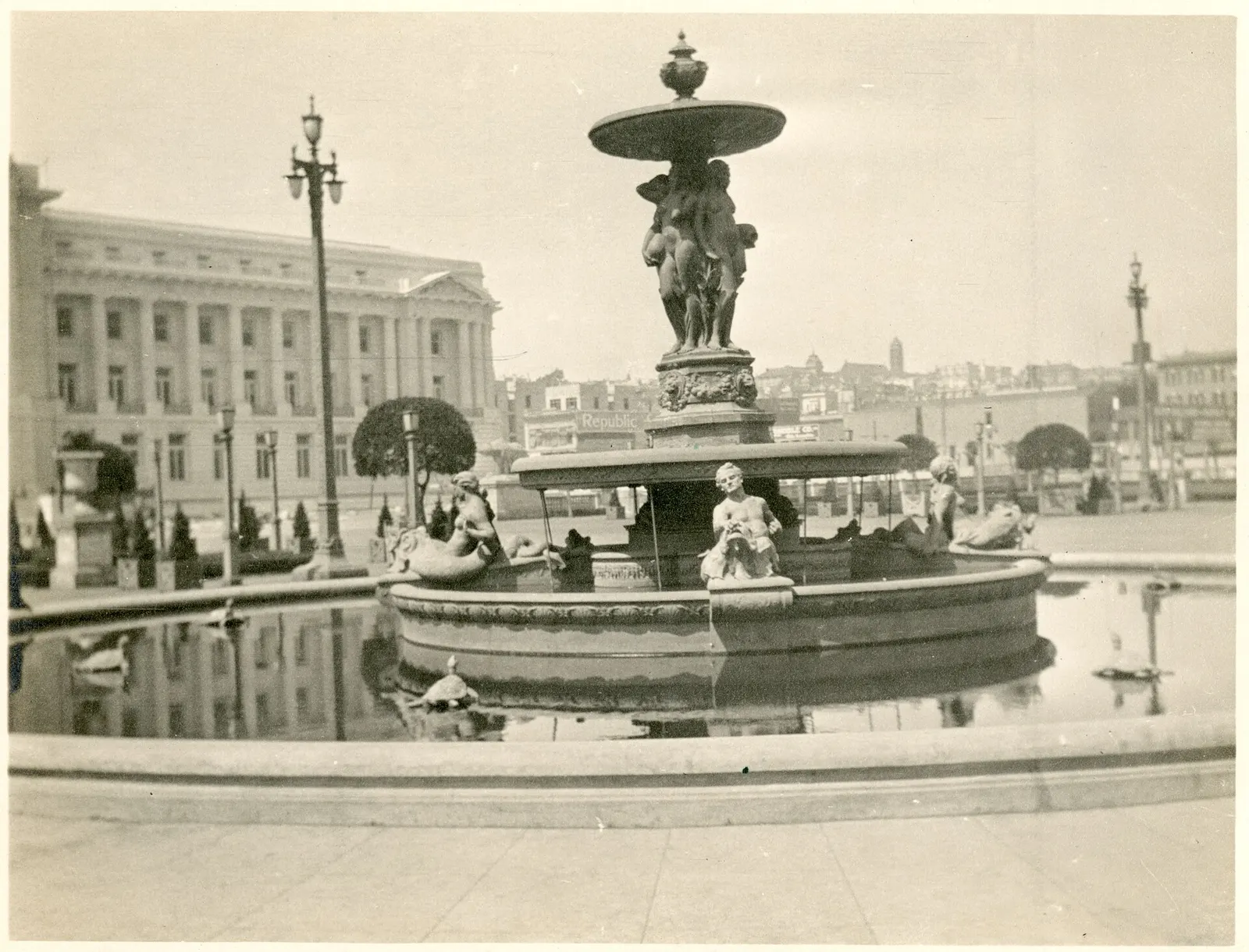 Burned and Rebuilt?: Civic Center Plaza Beaux-Arts Fountain in front of City Hall, San Francisco, Photograph