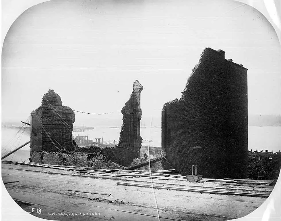 Seattle, Front Street and Pioneer Square, 1889: Aftermath of the Seattle Fire of June 6, 1889 showing the ruins along Front St (SEATTLE 2562)