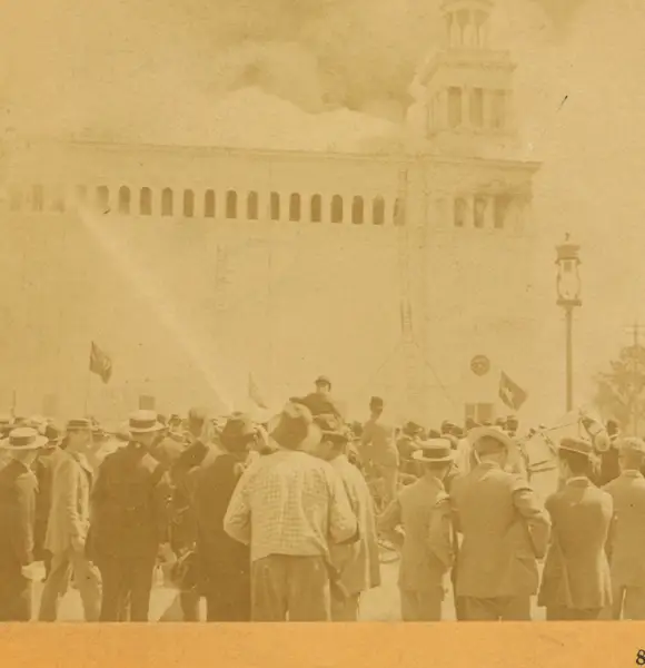 Burning of the Cold Storage building. Fifteen brave firemen lost their lives, July 10th, Columbian Exposition, by Kilburn, B. W. (Benjamin West), 1827-1909