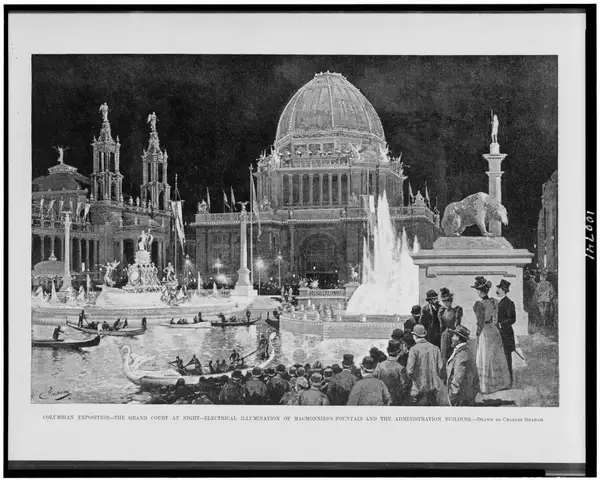 Columbian Exposition-the grand court at night-electrical illumination of MacMonnies's fountain and the administration building - drawn by Charles Graham