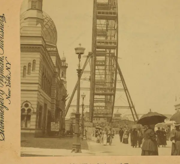 The Ferris Wheel, (carries 2,000 people), Midway Plaisance, World's Fair, Chicago, U.S.A