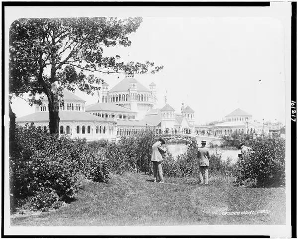 Fisheries at World's Columbian Exposition, Chicago, 1893, with three photographers in foreground