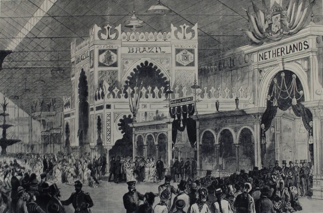 Main Building: Netherlands and Brazil departments in the main exhibition building of the Centennial Exposition in Philadelphia in 1876