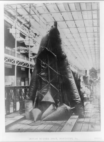India-rubber boat and pontoons on display inside the Crystal Palace, 1851