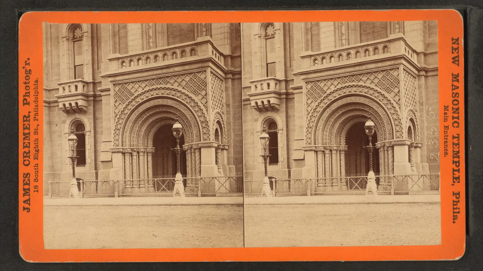 Masonic Temple: New Masonic Temple, Philadelphia. Main entrance, by Cremer, James, 1821-1893