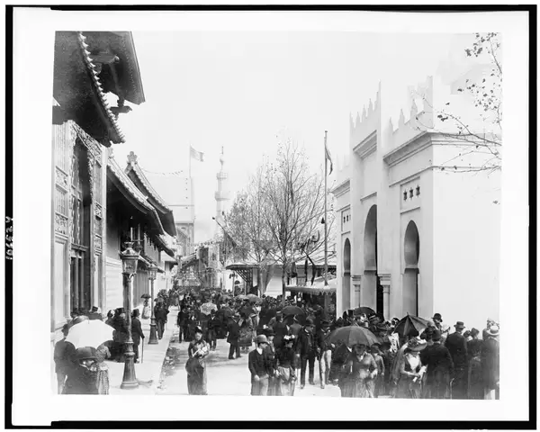 Crowd of people on "a street in Cairo", Paris Exposition, 1889