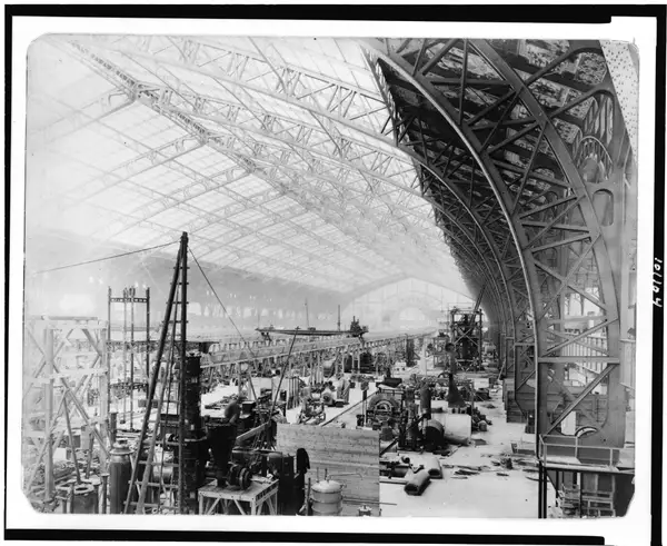 Interior of Gallery of Machines, showing machines being set up, Paris Exposition, 1889