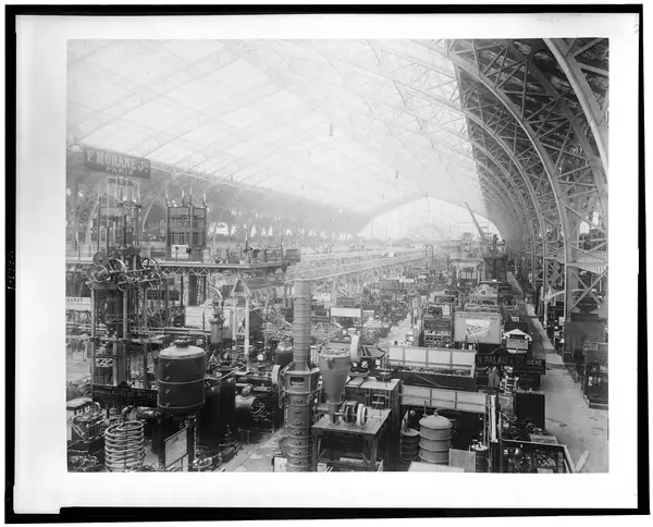 Interior of Gallery of Machines, showing machinery, Paris Exposition, 1889