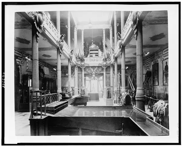 Interior view of the Pavilion of Mexico with model of a canal system in foreground, Paris Exposition, 1889
