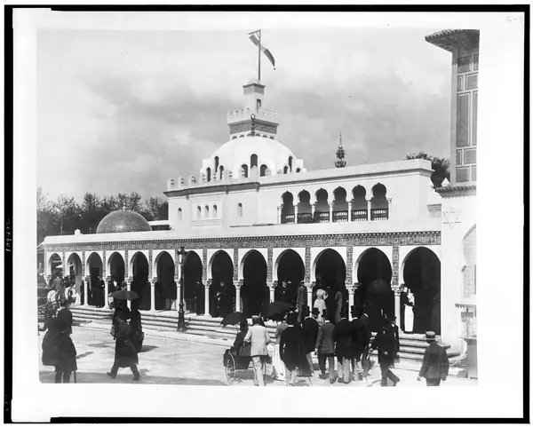 Pavilion of Algeria, showing people near building, Paris Exposition, 1889