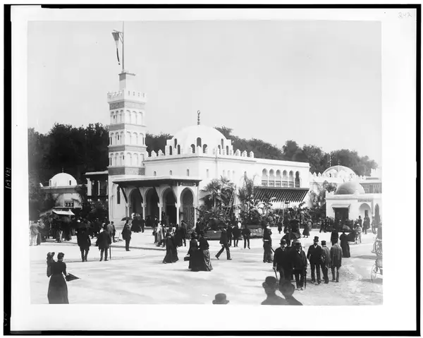 Pavilion of Algeria, showing people on street in front of pavilion, Paris Exposition, 1889