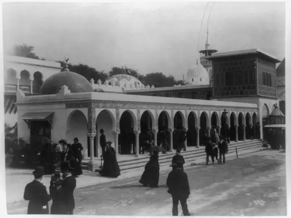 Pavilion of Algeria, showing people looking into building, Paris Exposition, 1889