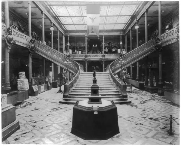 Interior view of the Pavilion of Mexico, showing stairway and exhibits, Paris Exposition, 1889