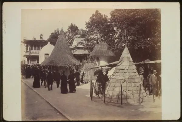 Dwellings of tribal peoples of Africa, North America and the Arctic regions in the History of Habitation exhibit, Paris Exposition, 1889