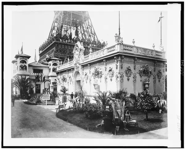 Pavilion of the Society of French Pastel Artists, with lower section of Eiffel Tower in background, and Pavilion of Monaco, Paris Exposition, 1889