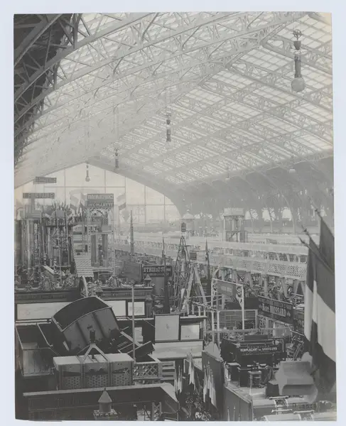 General view of the Galerie des Machines, flags at right