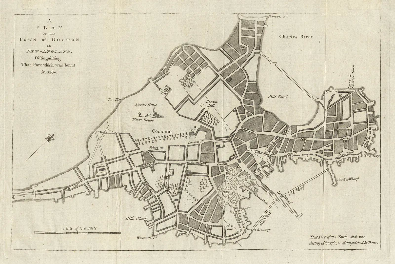 Great Boston Fire of 1760, 1760: Map of Boston 1760 small