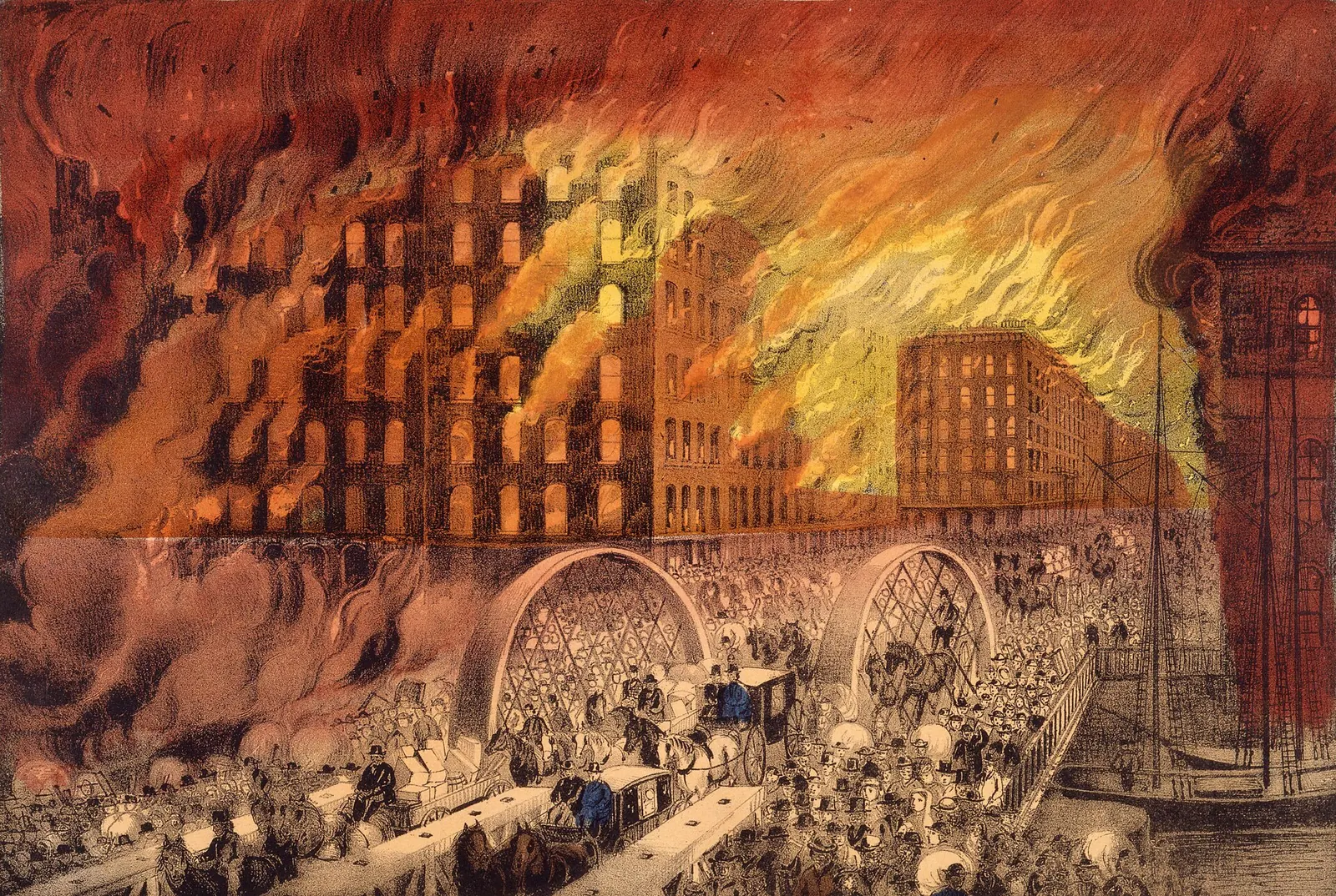 Great Chicago Fire, 1871: Chicago in Flames by Currier & Ives, 1871 (cropped)