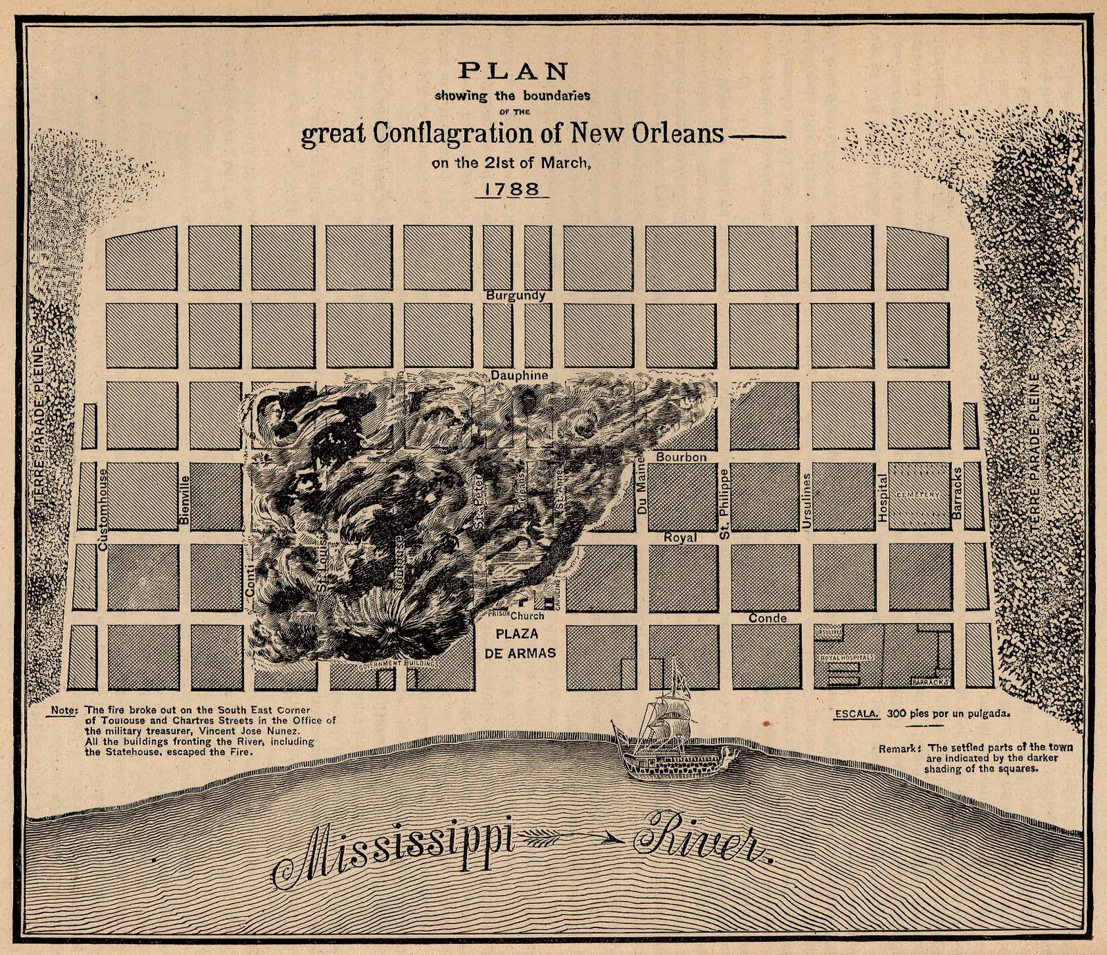 Great New Orleans Fire (1788), 1788: New Orleans fire of 1788 map
