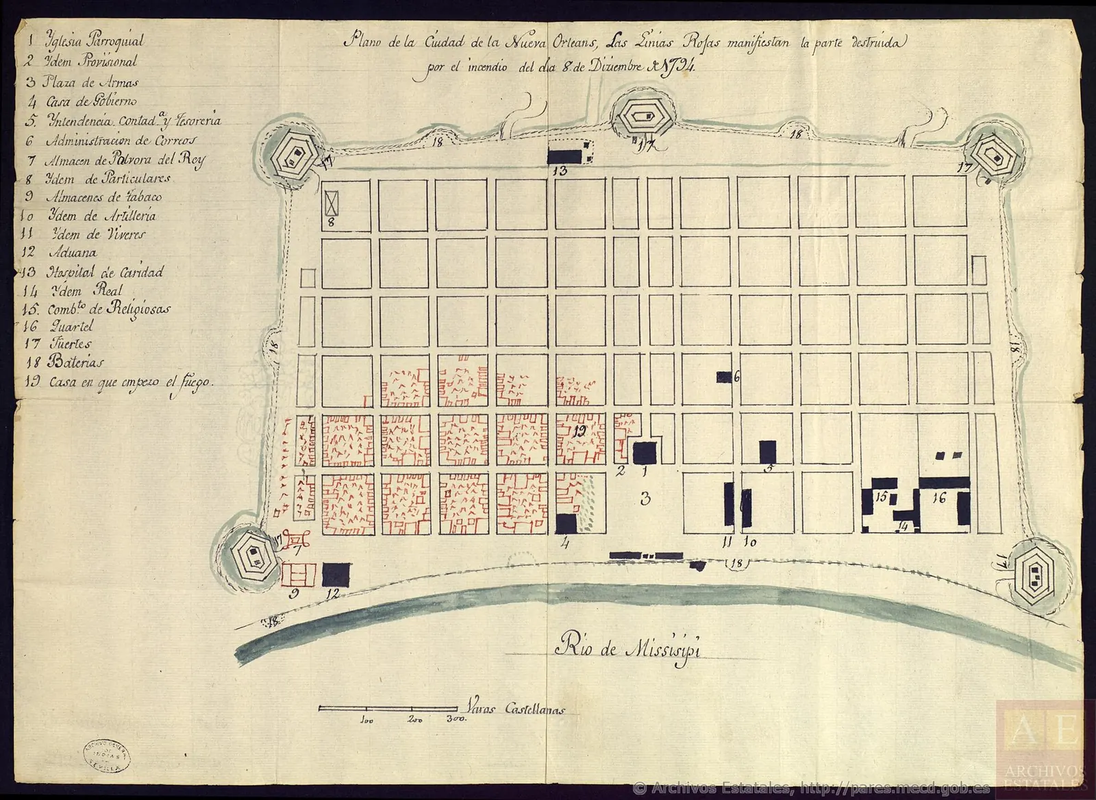 Great New Orleans Fire (1794), 1794: 1794 mapa incendio Nueva Orleans AGI