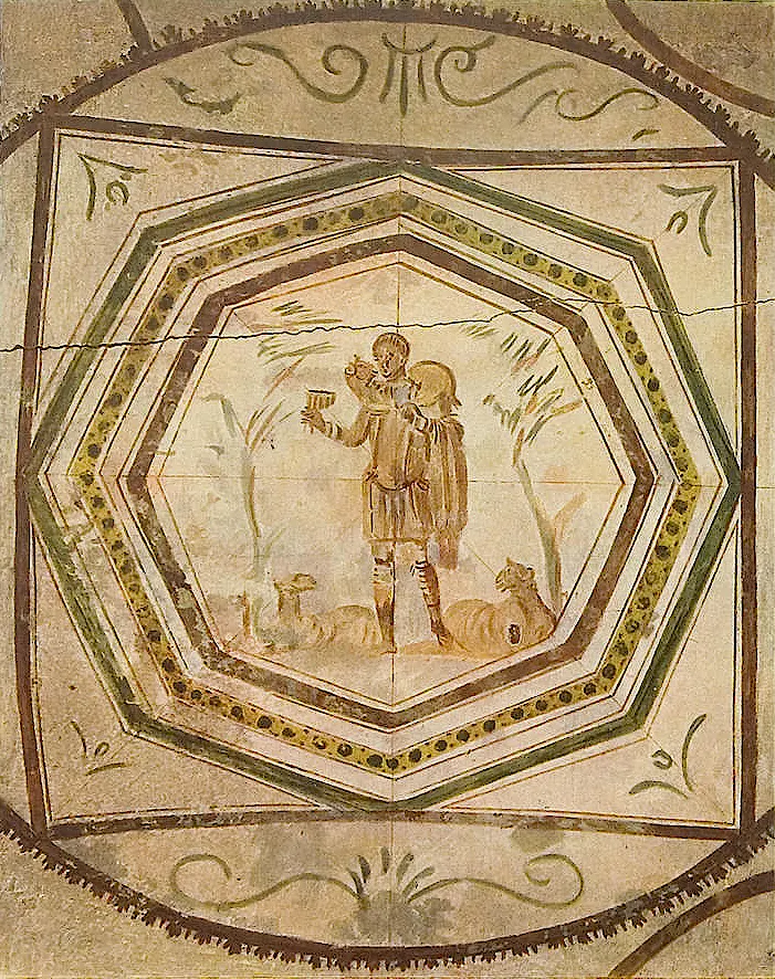 Catacombs & Underground: The Good Shepherd, Catacomb of Petrus and Marcellinus, 3rd century AD, from the from the book Die Malereien der Katakomben Roms, pla cropped sharpenedmore