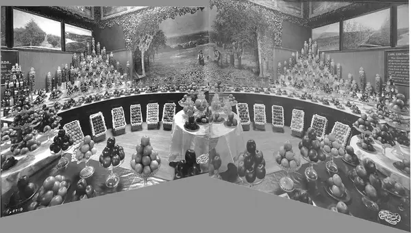 Frank Nowell panorama of apple exhibit, Canada Building, Alaska Yukon Pacific Exposition, Seattle