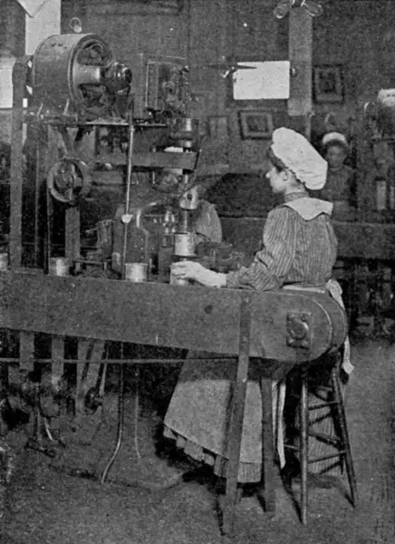 Can factory workers crimping on can ends, published