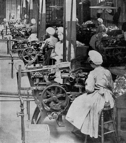 Workers at can sealing machines, published