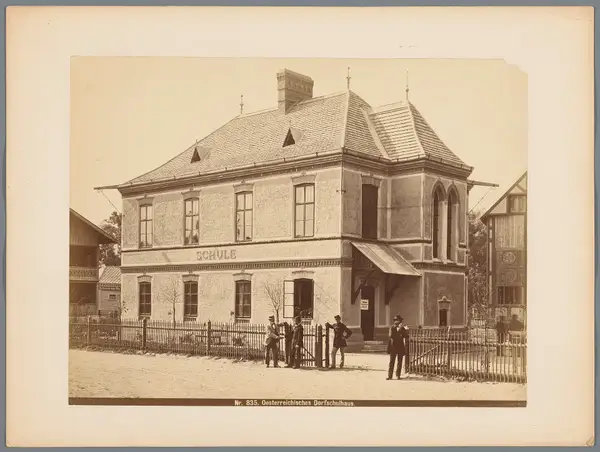 Four men before the Austrian village schoolhouse, 1873